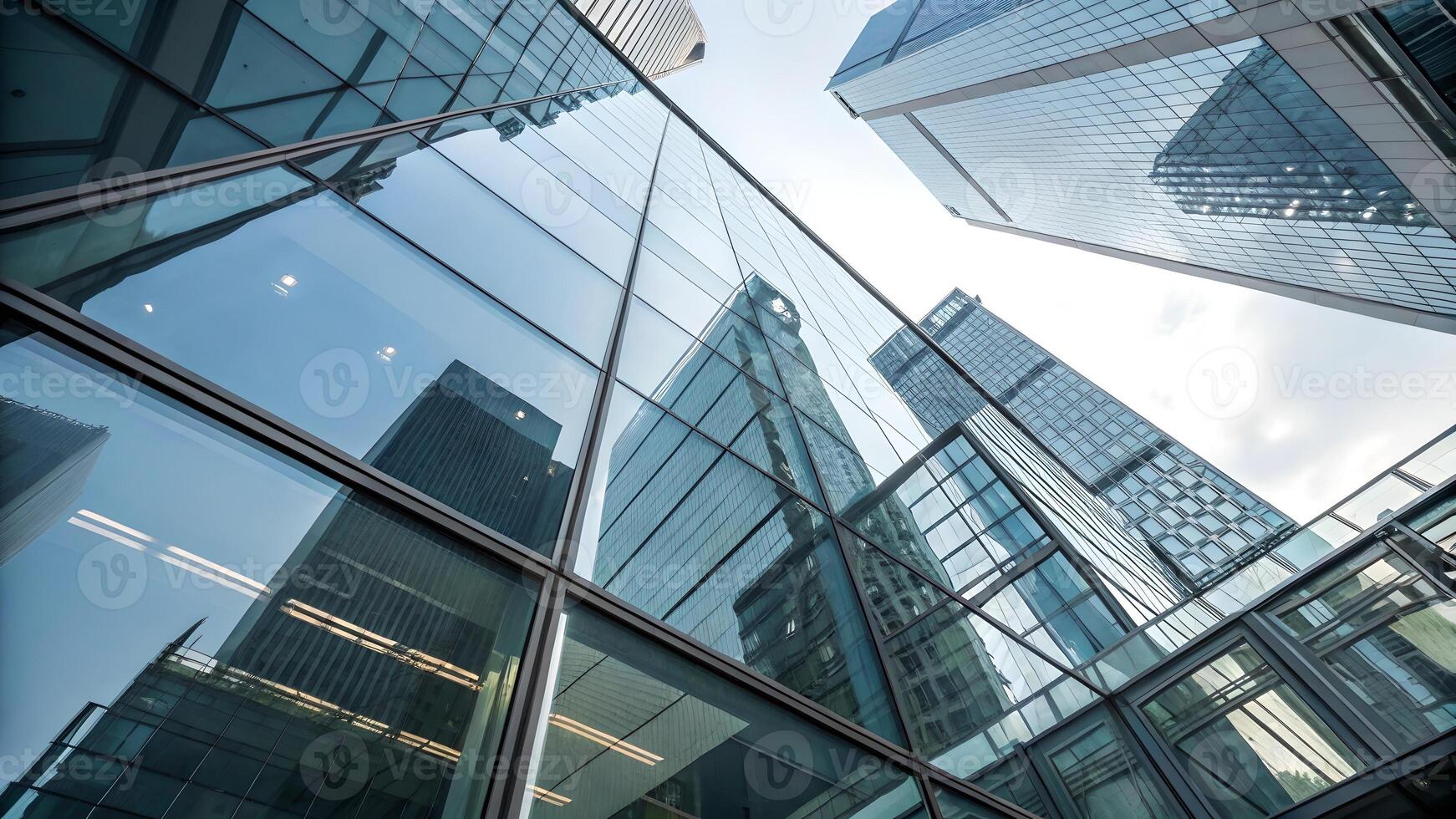 Modern skyscrapers reflected in glass windows, urban cityscape view for architects and designers seeking inspiration for innovative building designs and city planning projects. photo