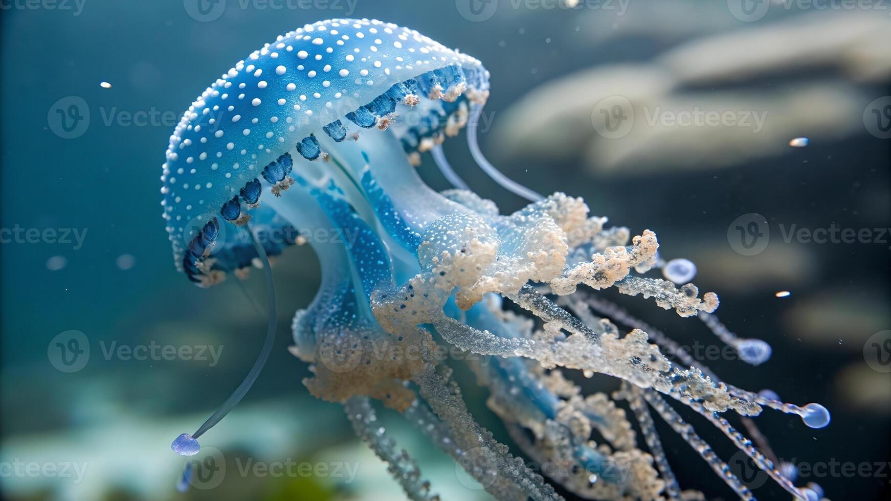 Jellyfish with stunning blue and white patterns in deep ocean waters for nature enthusiasts and photographers photo