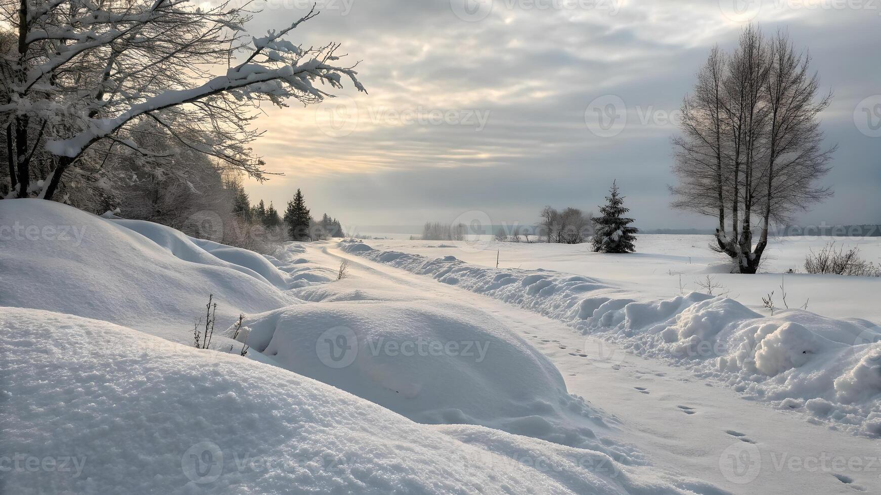 Snowy Landscape with Serene Pathway in Winter Wonderland for Nature Lovers and Travel Enthusiasts photo