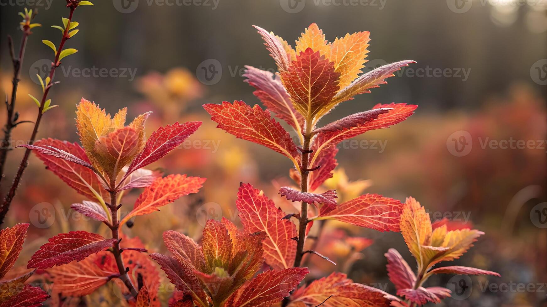Vibrant Red Leaves in Sunlit Forest for Nature Lovers and Photography Enthusiasts, Capturing the Essence of Autumn with Warm Tones and Soft Focus Background photo