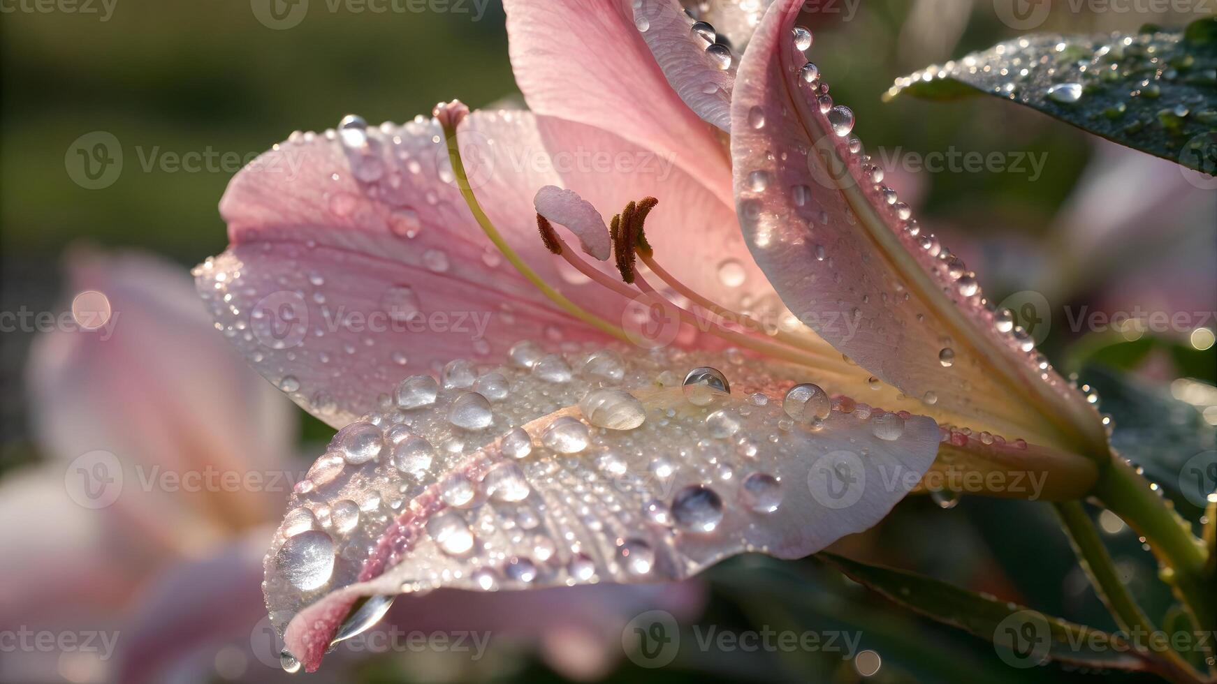 Delicate pink lily with sparkling water droplets in a serene garden setting for nature enthusiasts and photographers photo