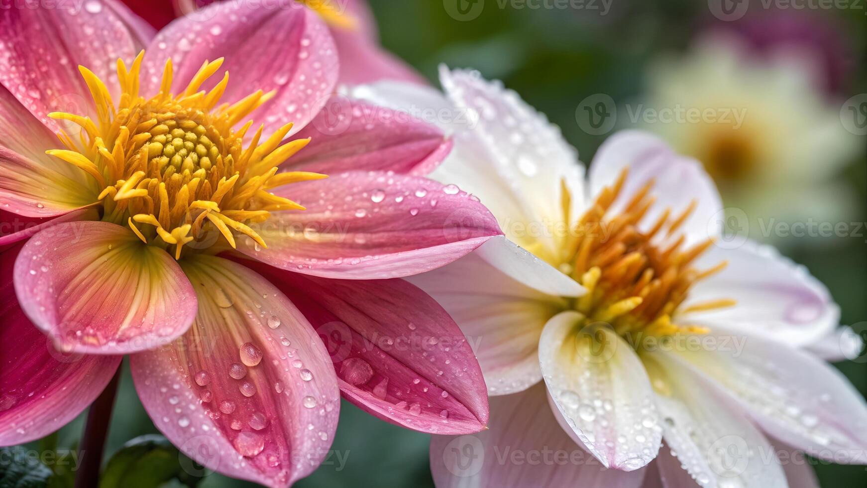 Vibrant Dahlia Flowers with Dew Drops in Garden for Nature Lovers and Floral Designers photo