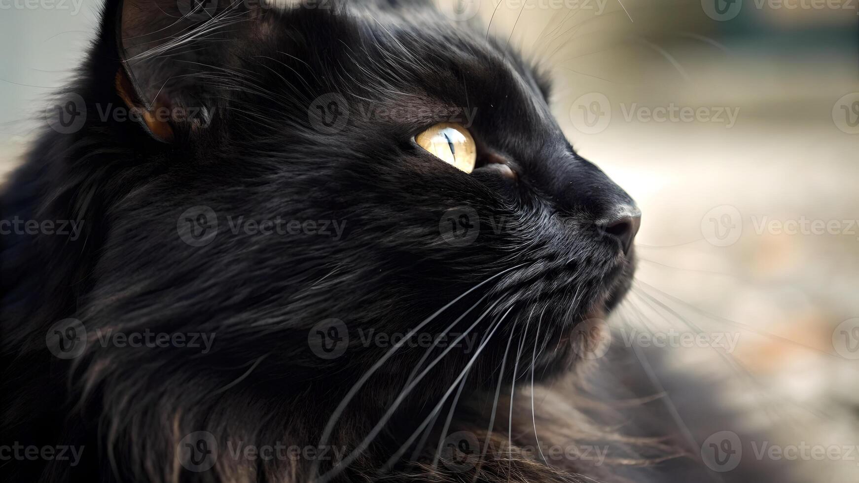 Black cat close-up with striking yellow eyes in a cozy home setting for pet lovers and photographers photo