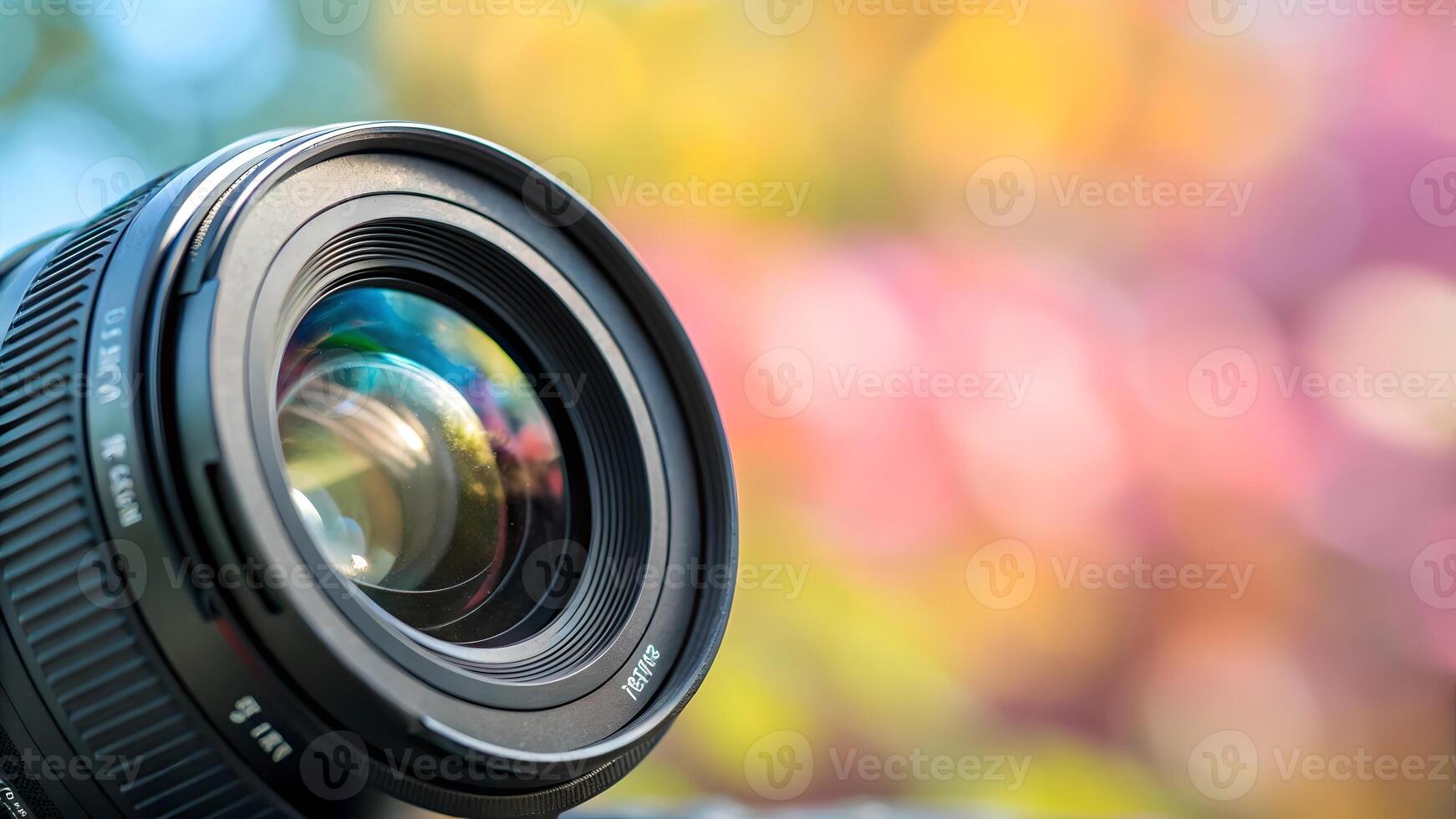 Camera Lens Close-Up with Vibrant Bokeh Background for Photography Enthusiasts and Professionals Seeking Stunning Visuals photo