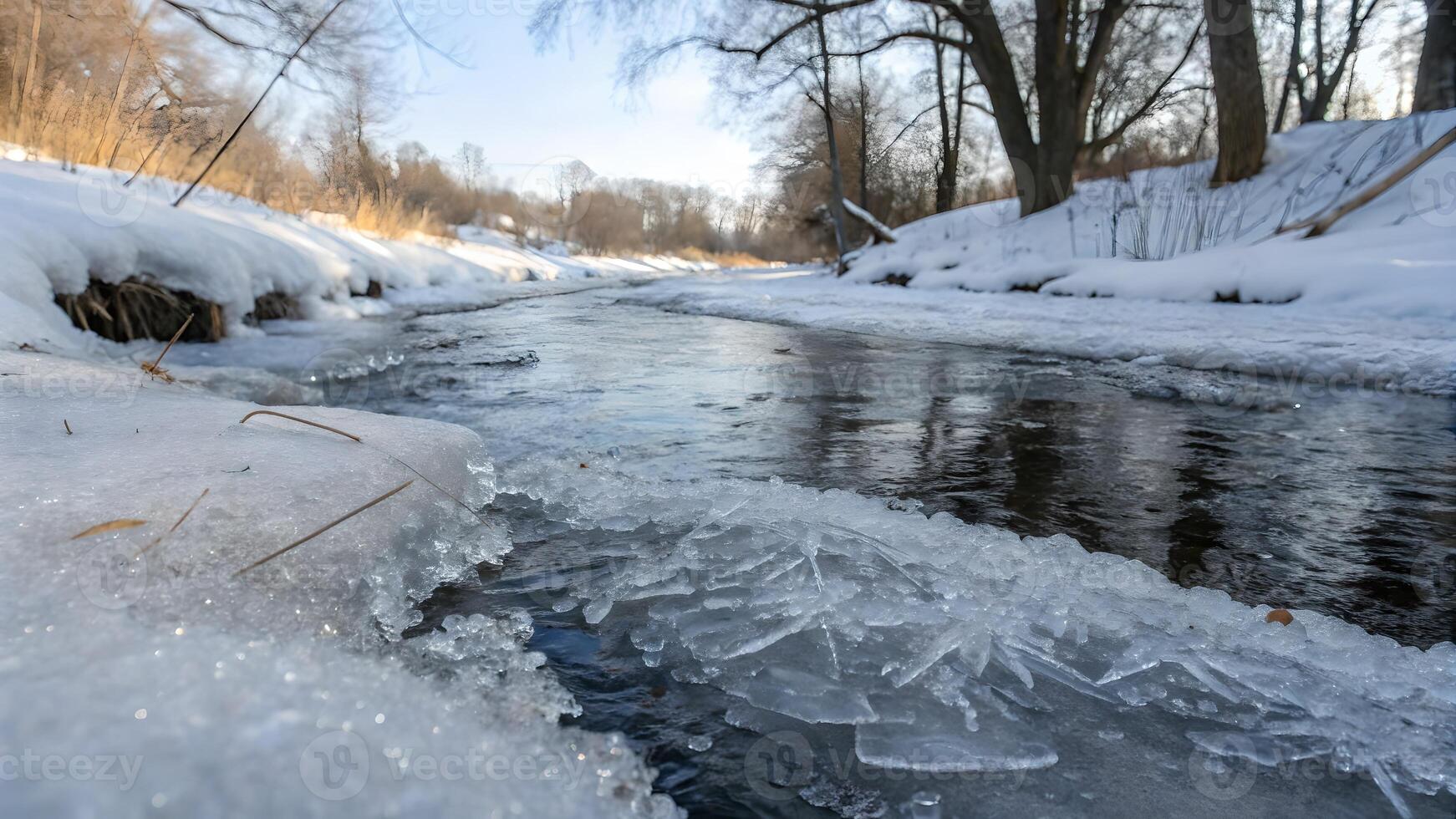 Frozen river with icy patterns in serene winter landscape for nature enthusiasts and photographers photo