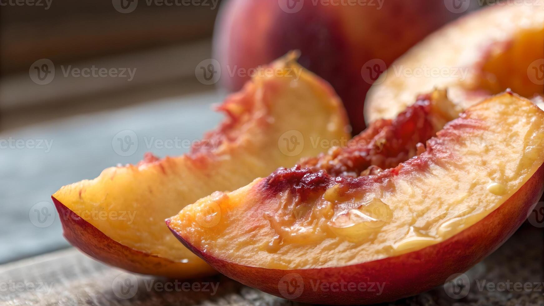 Juicy peach slices fresh and vibrant on rustic wooden table for food bloggers and recipe creators photo