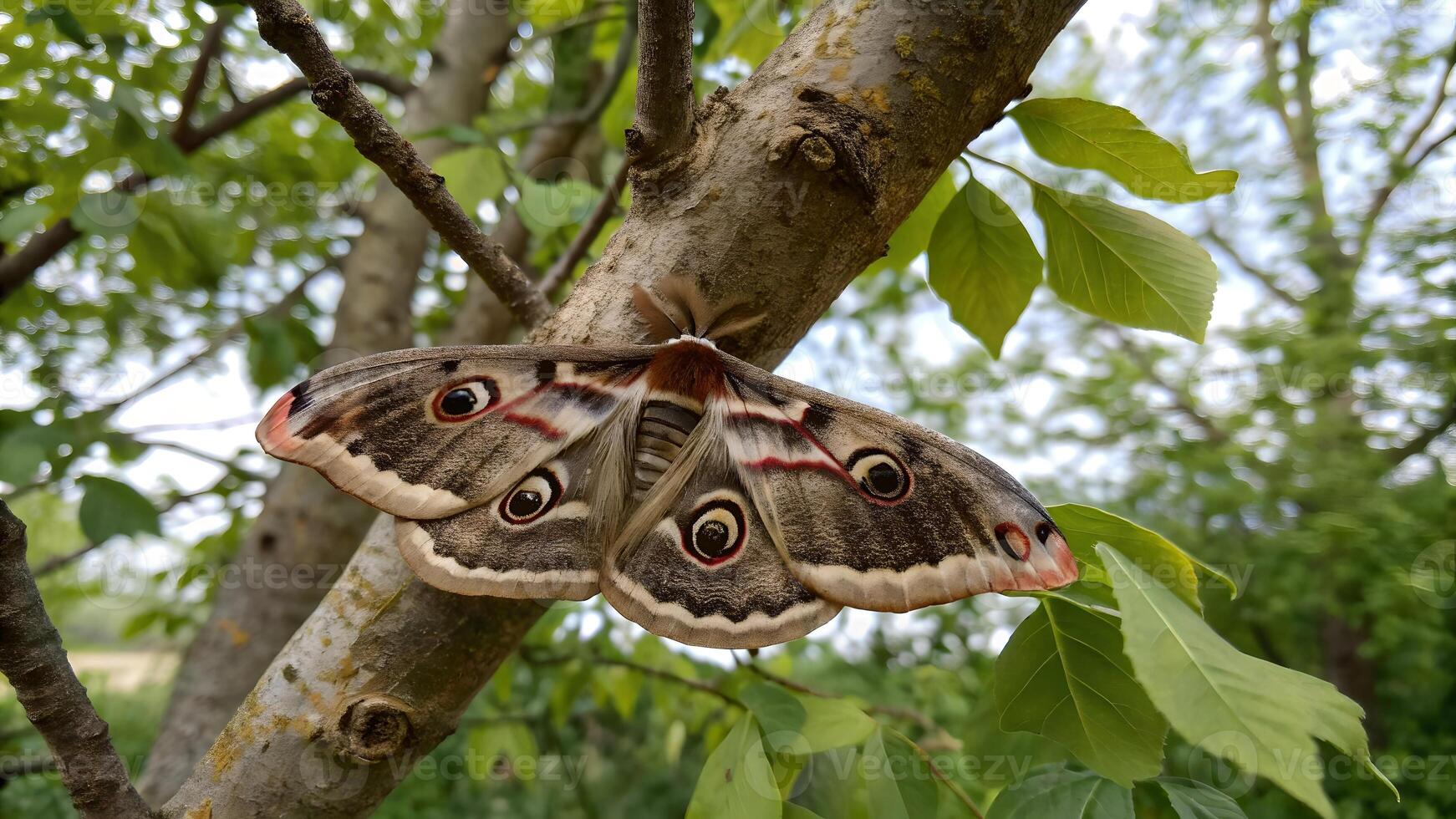 Majestic Luna Moth Resting on Tree Branch in Forest for Nature Enthusiasts and Wildlife Photographers photo