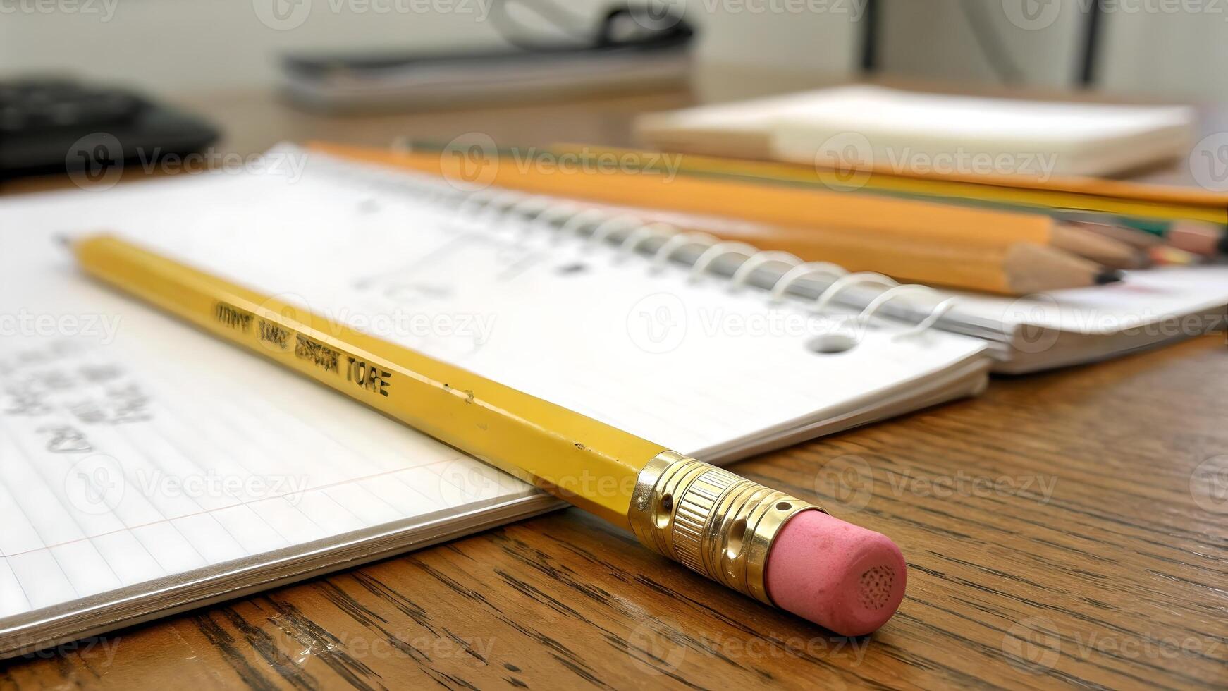 Yellow Pencil on Spiral Notebook Close-Up for Students and Teachers Studying in Classroom Setting photo