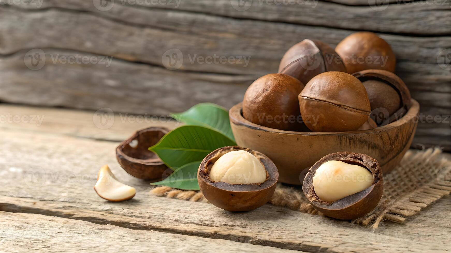 Macadamia Nuts Freshly Harvested in Rustic Wooden Bowl for Healthy Snack Lovers and Culinary Enthusiasts Seeking Natural Ingredients for Recipes and Wellness Diets photo