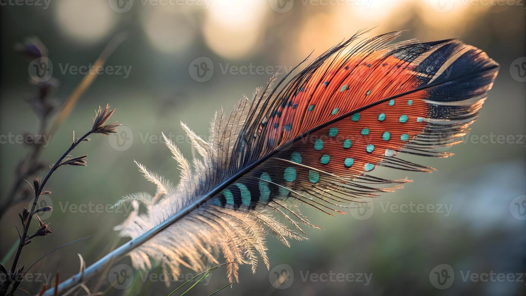 Vibrant Peacock Feather Close-Up in Sunlit Forest for Nature Enthusiasts and Wildlife Photographers, Stunning Colors and Patterns Captured in High Detail for Artistic and Educational Purposes photo