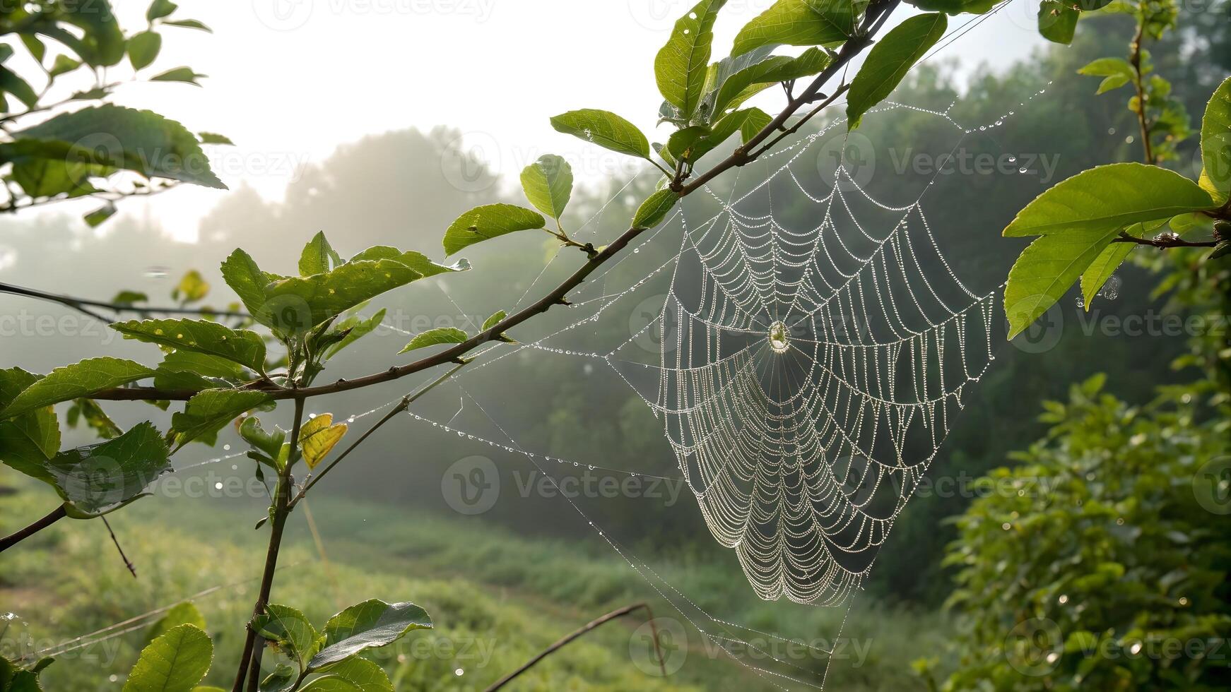 Spiderweb glistening with dew drops in a serene forest setting for nature enthusiasts and photographers photo