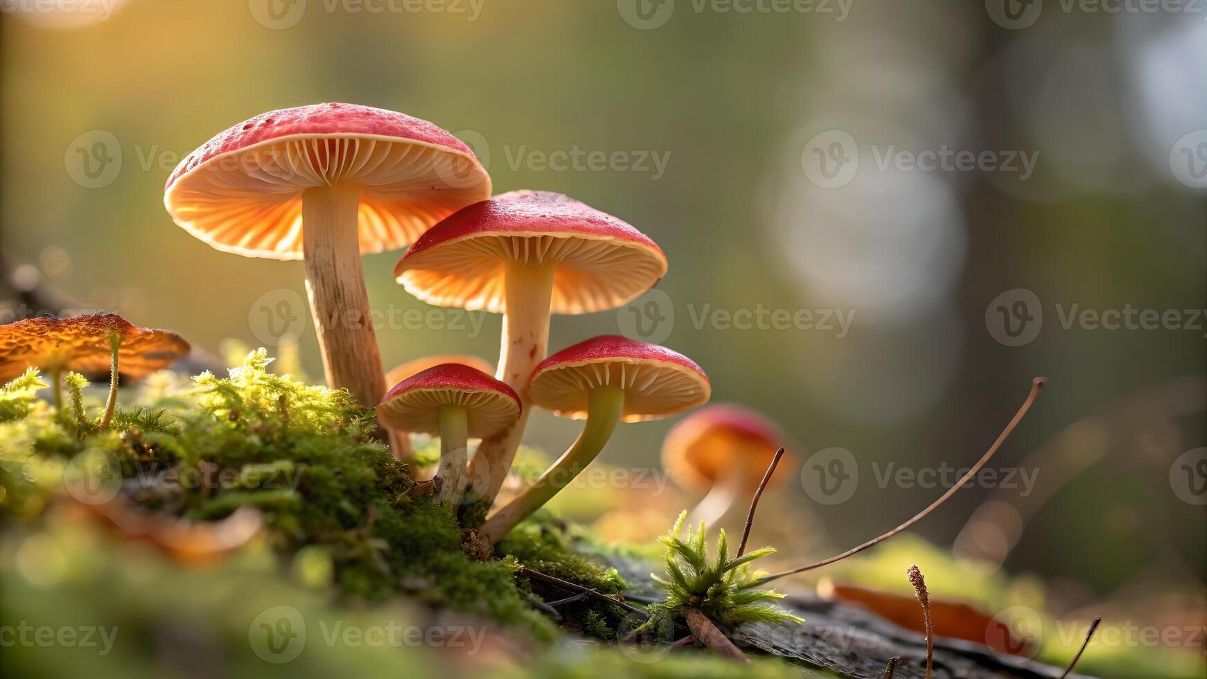 Mushroom cluster glowing in forest sunlight for nature enthusiasts and photographers seeking serene woodland imagery photo