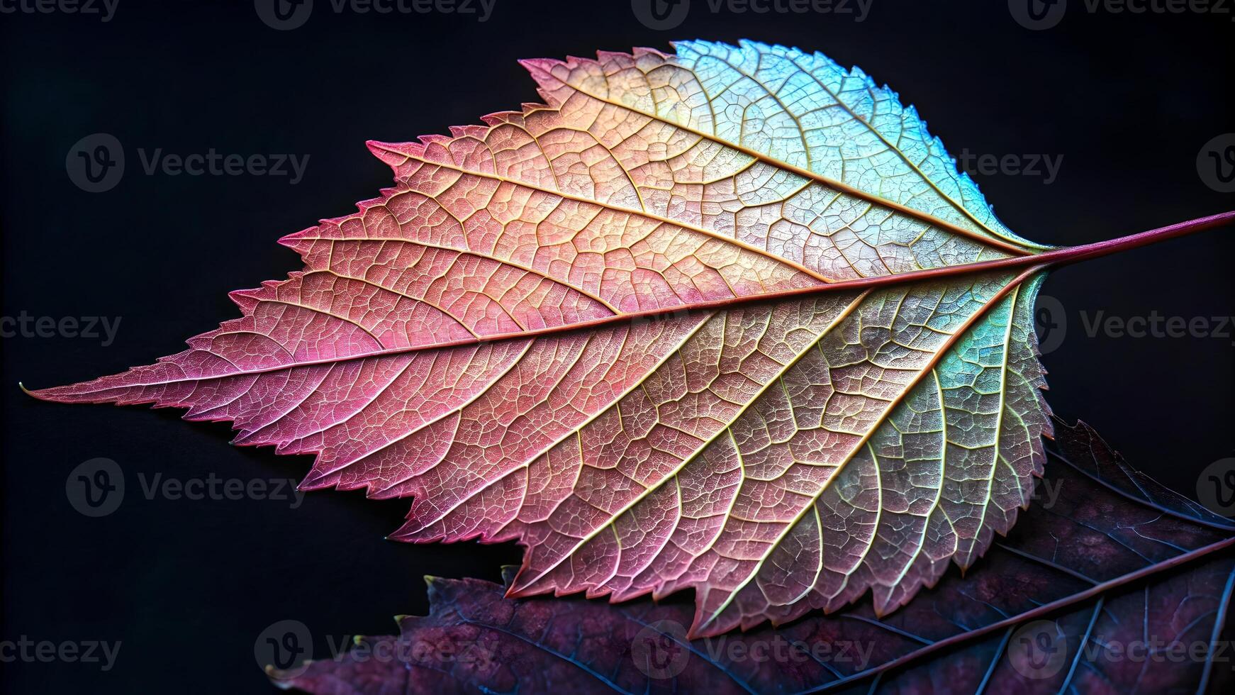 Vibrant autumn leaf with intricate veins on a dark background for nature enthusiasts and photographers seeking high-quality botanical images photo