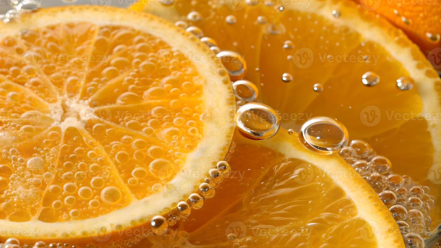 Orange slices with sparkling water bubbles in a refreshing drink for food bloggers and recipe creators photo