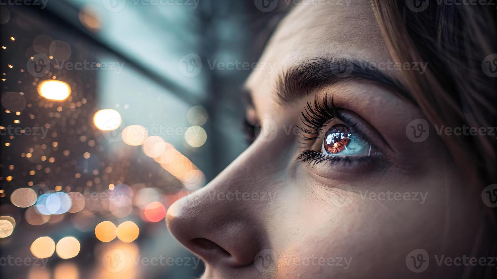 Woman's eye close-up with bokeh lights in urban setting for creative designers photo