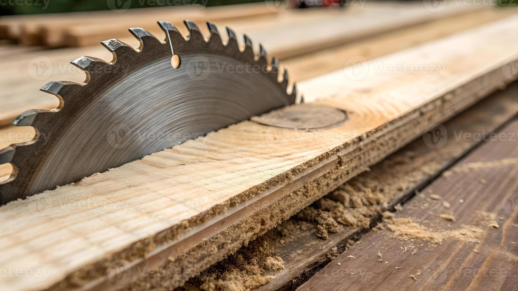 Circular saw blade cutting through wood plank for carpentry projects and DIY enthusiasts photo
