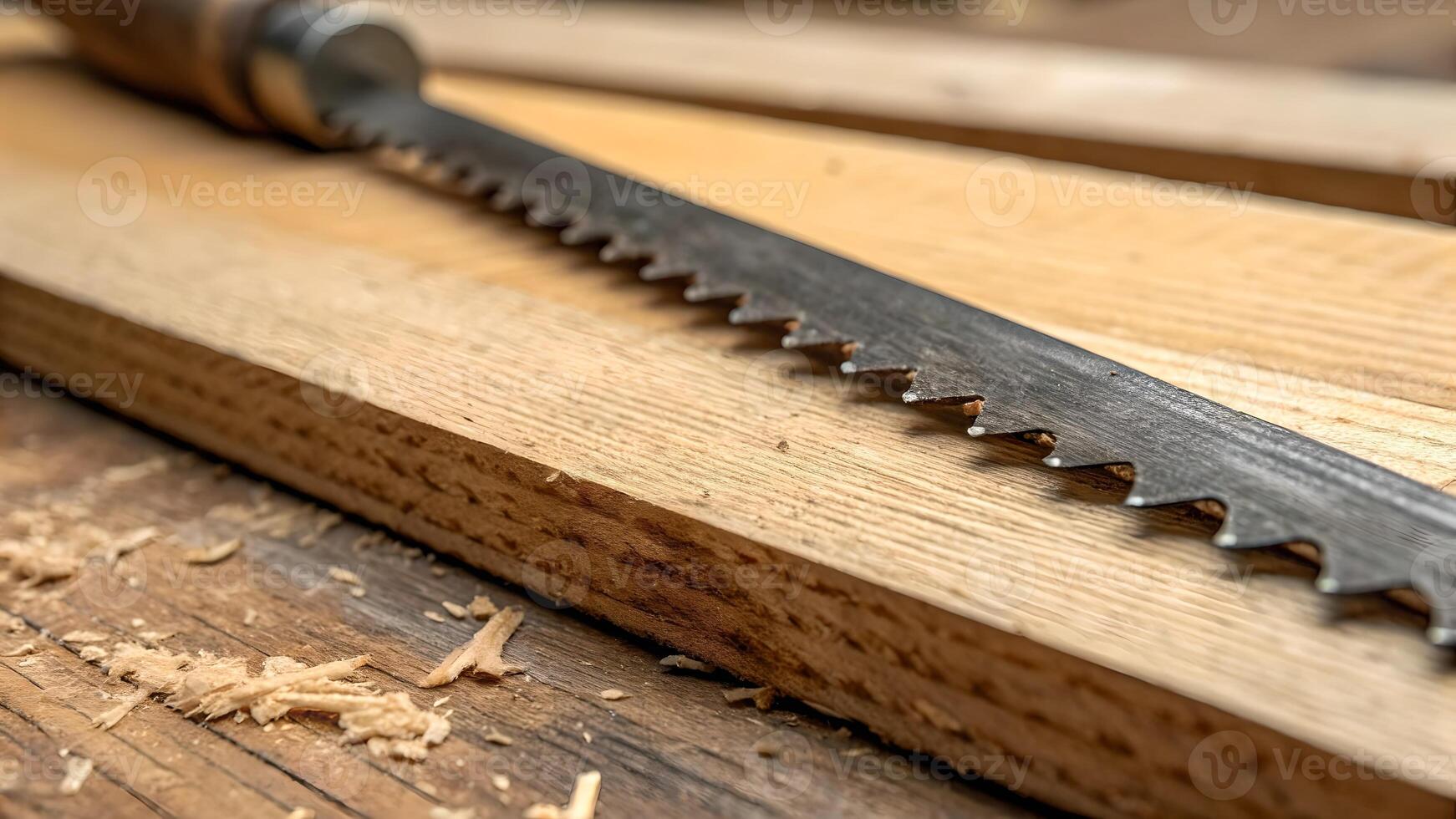 Woodworking saw sharp detailed on wooden surface for carpenters and DIY enthusiasts. Discover the precision tool for your next project, perfect for cutting wood with ease and accuracy. photo