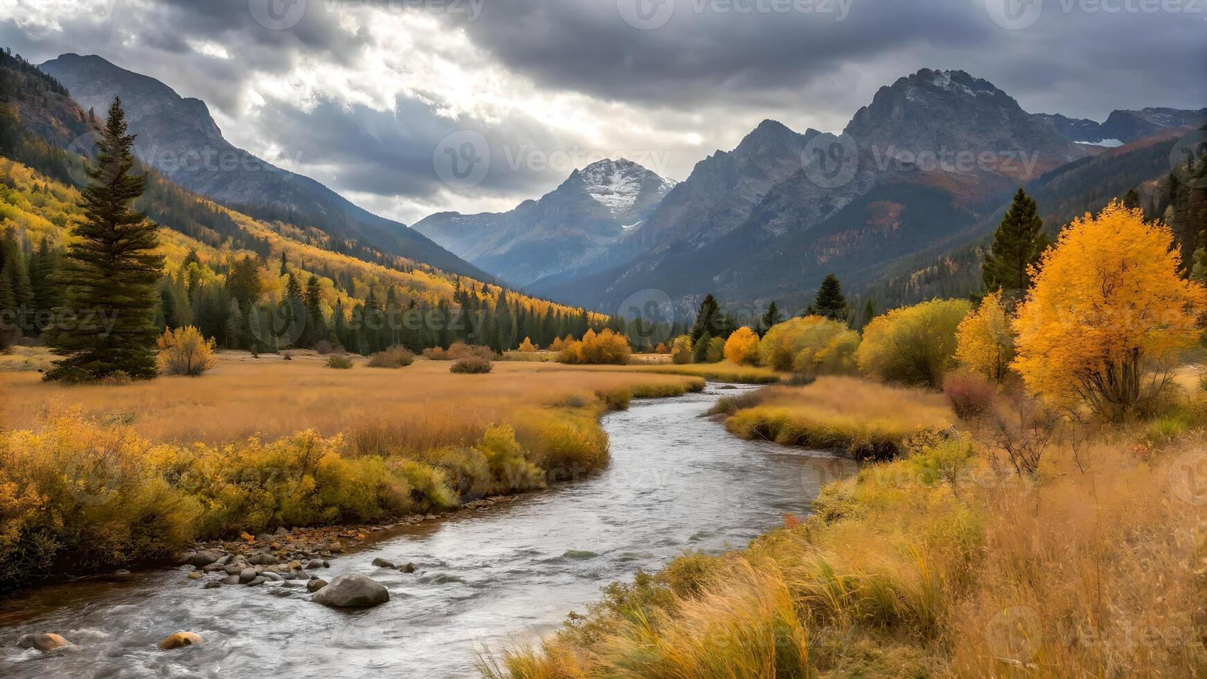 Mountain river autumn colors nature scene for travel enthusiasts photo