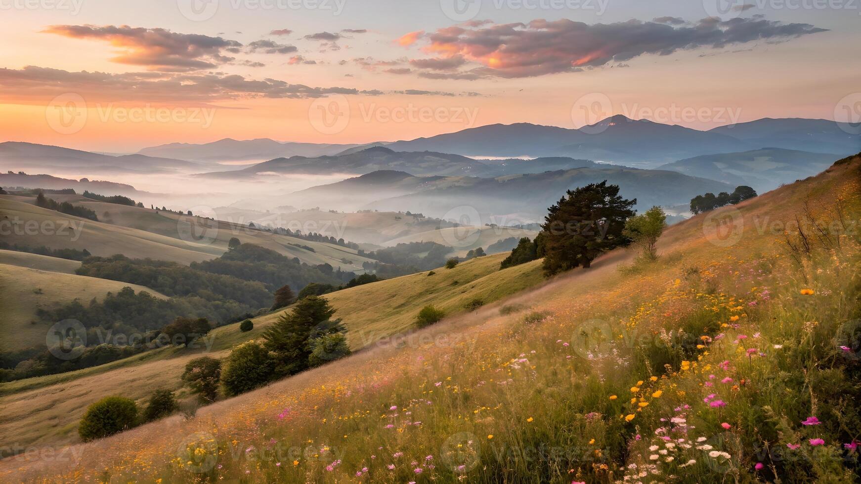 Mountain meadow with vibrant wildflowers at sunrise for nature enthusiasts and photographers photo