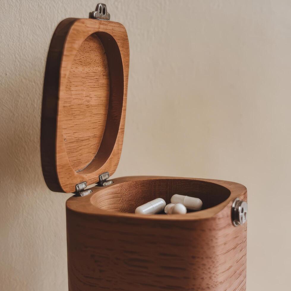 A wooden box with pills inside photo