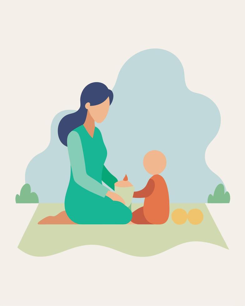 Vibrant Mothers Day Illustration Mother and Child Picnicking on a Modern Blanket in Park vector