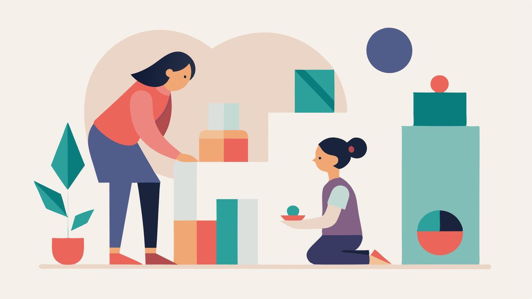 Modern Art Interaction. Mother and Child Engaging with Contemporary Masterpieces on Mothers Day vector