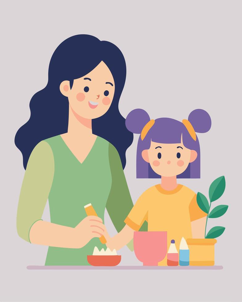 Innovative Mothers Day Illustration of Mother and Daughter Working on a Creative DIY Project vector