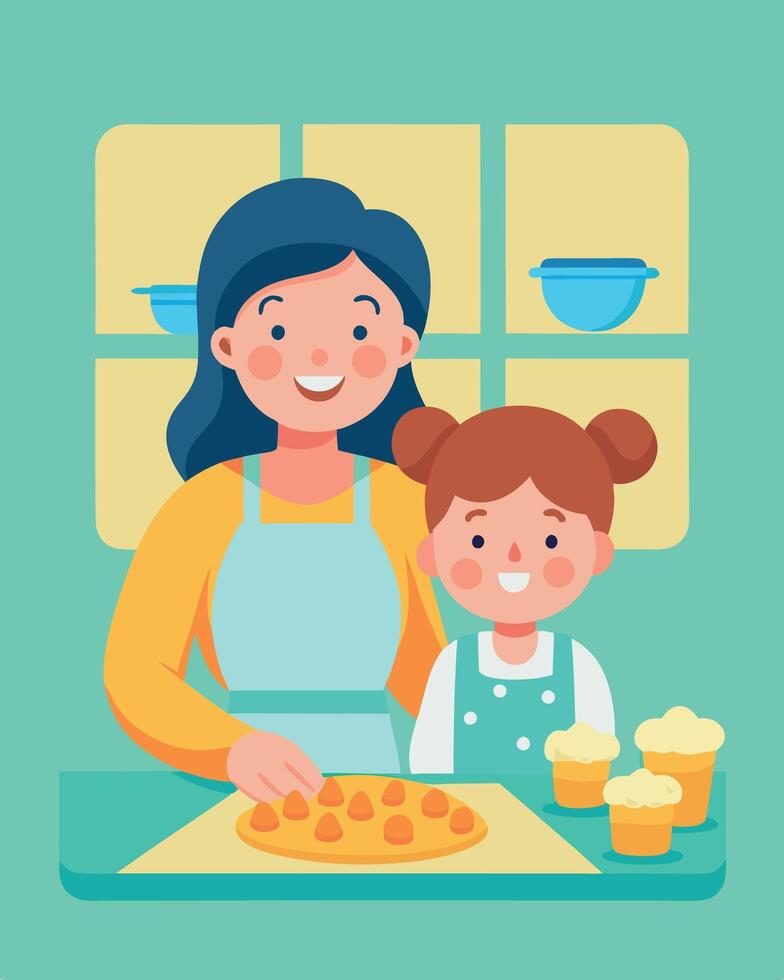Cheerful Scene Mother And Daughter Baking Cookies Together vector