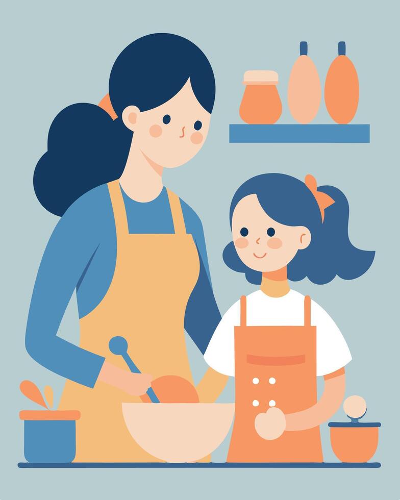 Delightful Scene Mother And Daughter Baking Cookies In Kitchen vector
