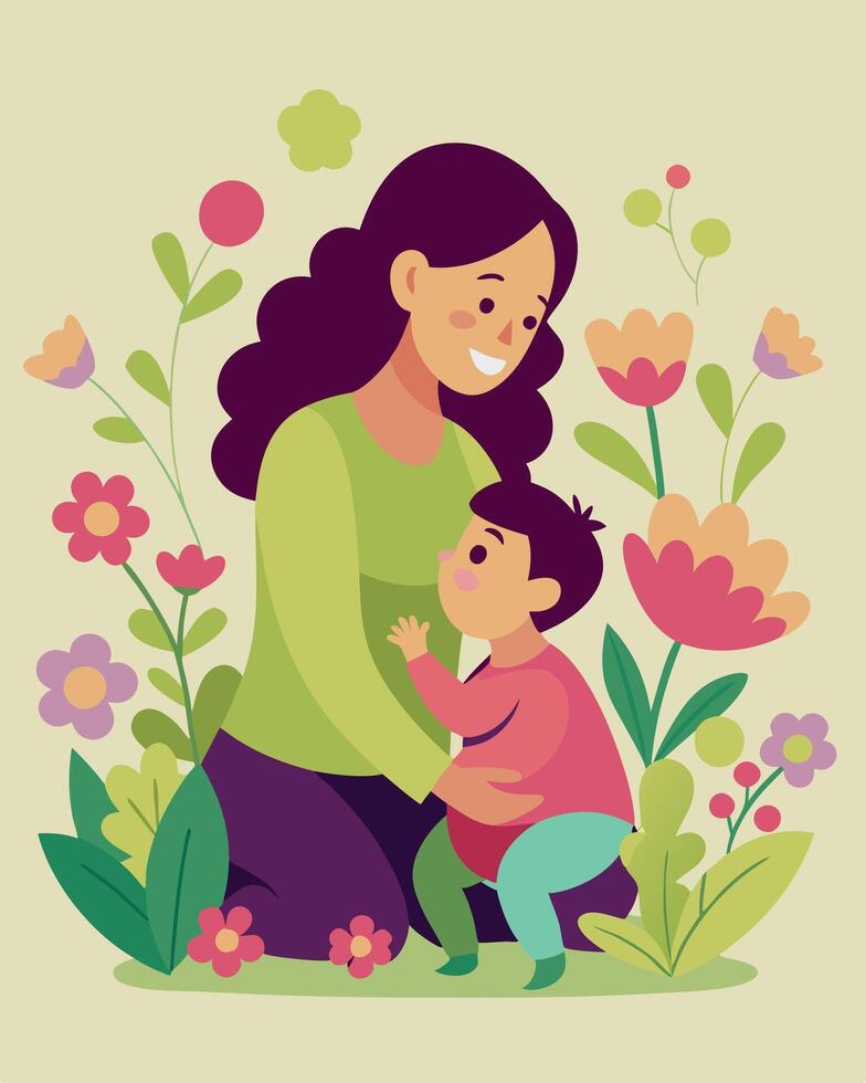 Happy Mothers Day Illustration Mother And Toddler Enjoying Playful Moments Amid Blooming Flowers vector