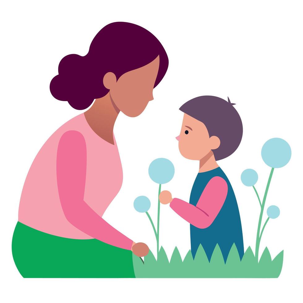 Flat Color Illustration of a Mother and Child Gently Blowing Dandelions in a Peaceful Garden on Mothers Day vector
