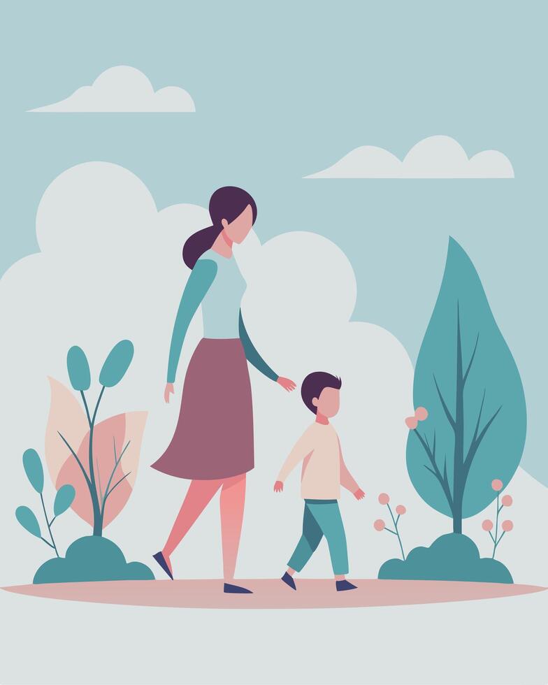 Calm Mothers Day Illustration of Mother and Child Strolling Peacefully During a Modern Day Out vector