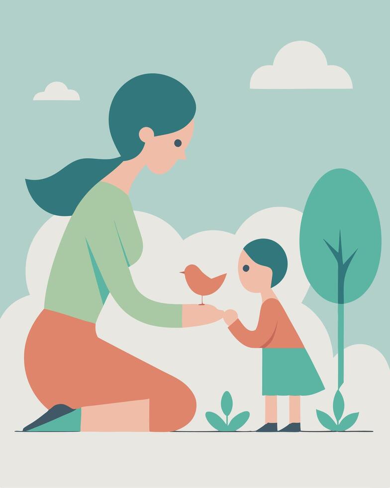 Gentle Mothers Day Illustration Mother and Child Feeding Birds in a Quiet Park vector