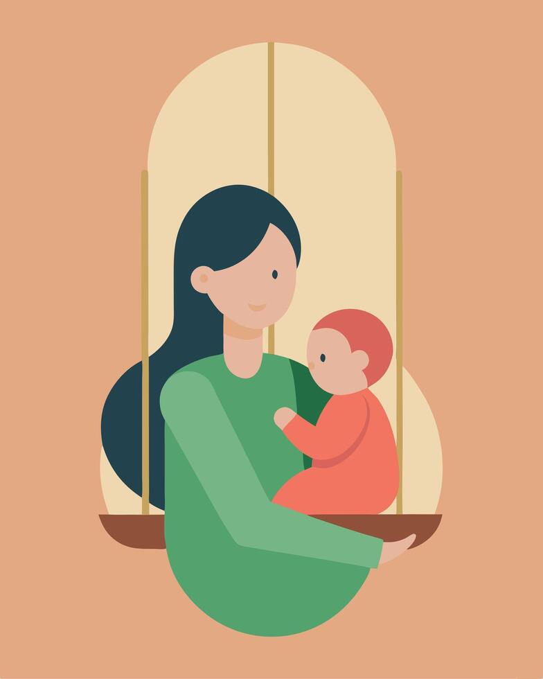 Happy Mothers Day Illustration Mother Holding Her Infant On A Swing In A Lively Garden vector