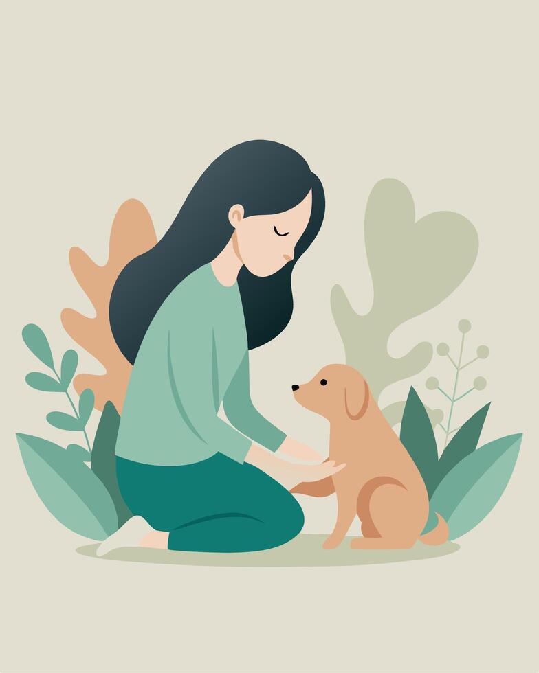 Delightful Mothers Day Illustration Mother and Child Enjoying Play with a Puppy Outdoors vector