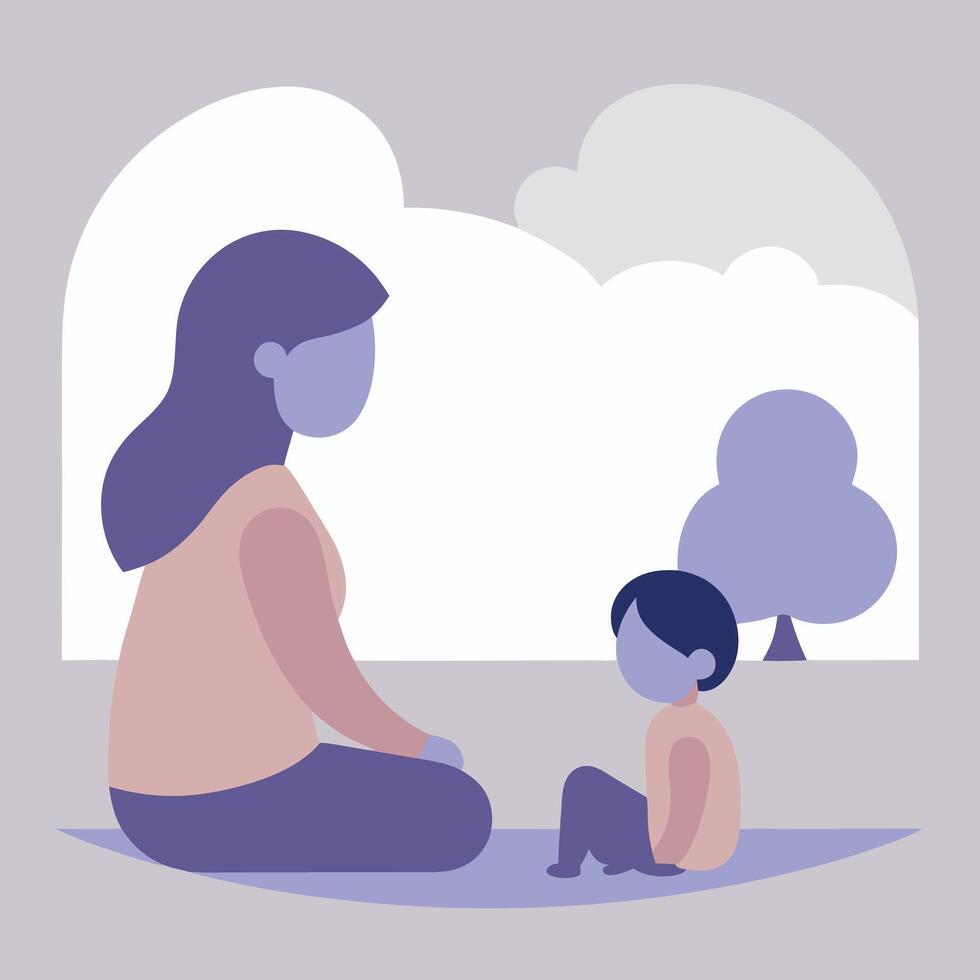 Calm Mothers Day Illustration of a Mother Reflectively Watching Her Child in a Moment of Serenity vector