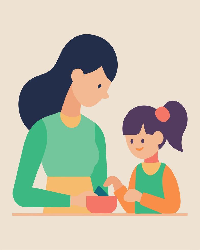 Mothers Day Artwork of Mother and Daughter Engaged in a Creative DIY Project vector
