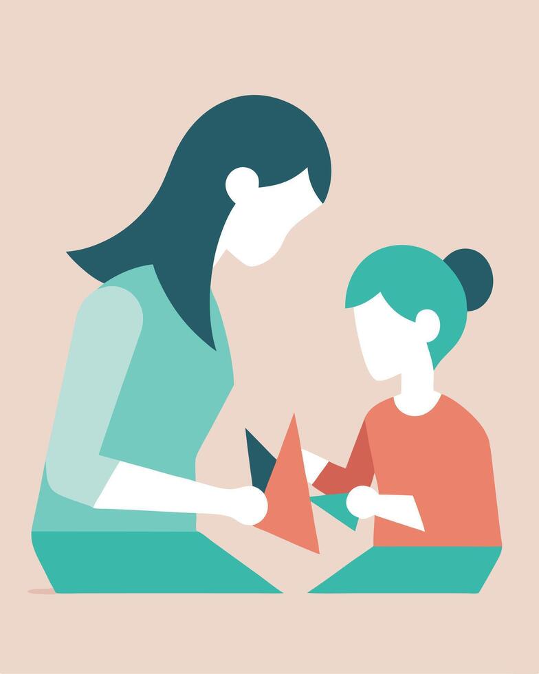 Imaginative Mothers Day Illustration of Mother and Daughter Making Origami Figures At Home vector