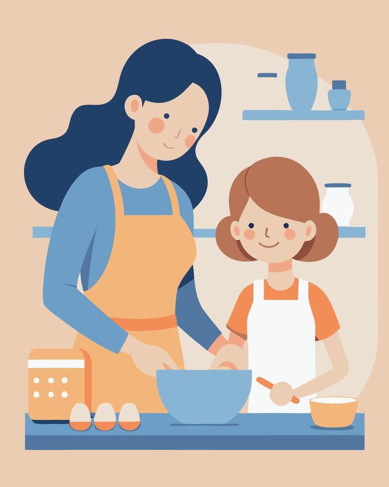 Delightful Scene Mother And Daughter Baking Bread In Kitchen vector