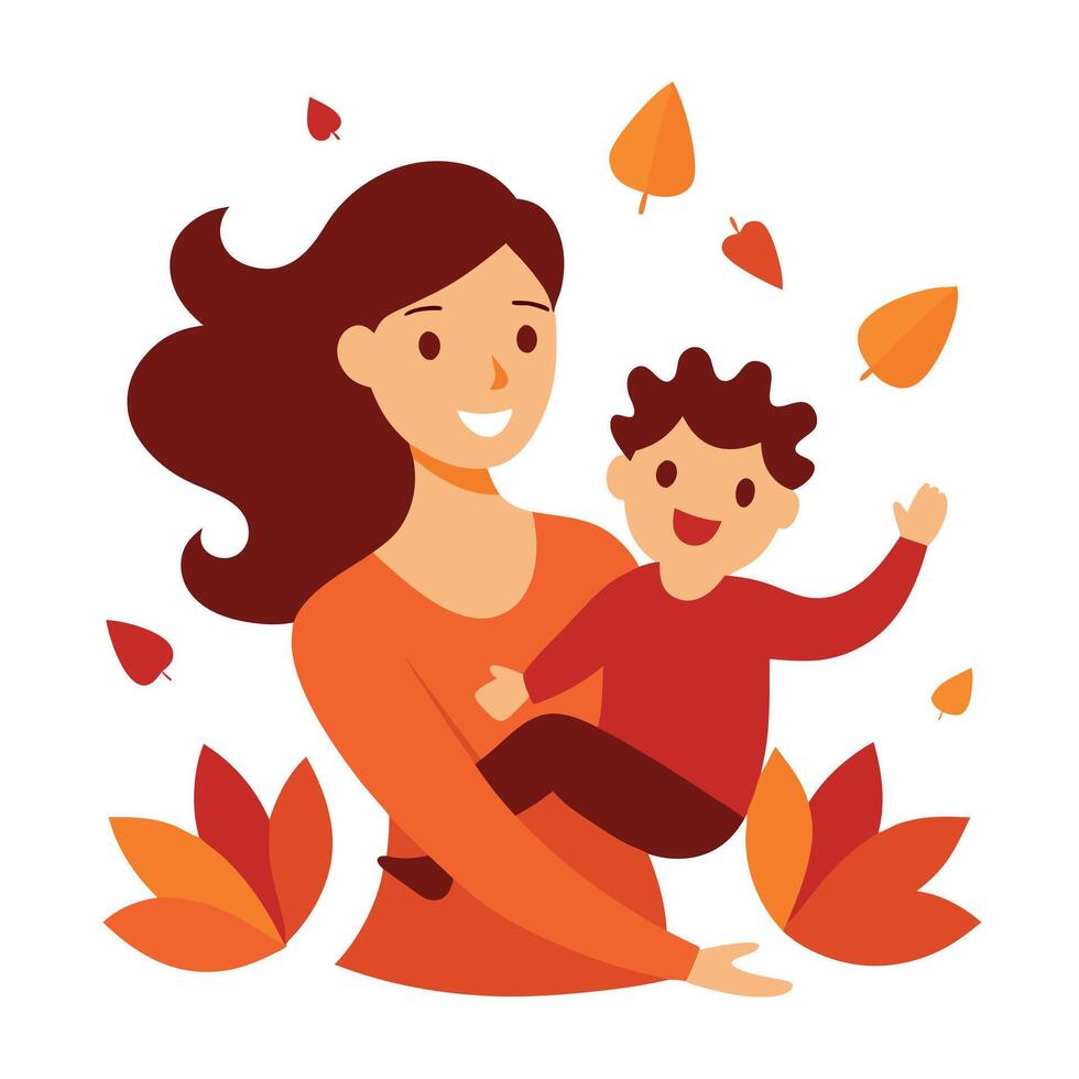 Flat Color Illustration of a Mother and Child Enjoying Play in Autumn Leaves on Mothers Day vector