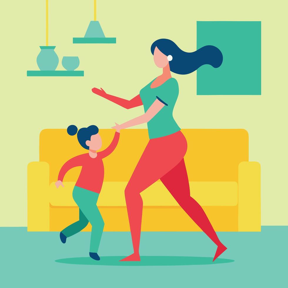 Dynamic Flat Color Illustration of a Mother Dancing with Her Baby on Mothers Day vector