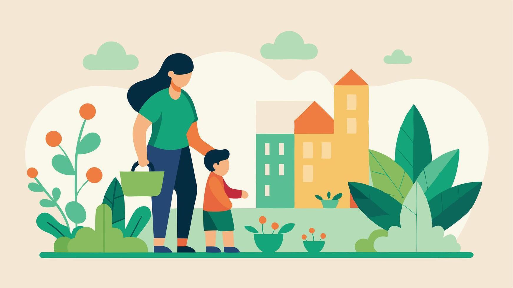 Eco-Friendly Urban Tour. Mother and Child Discovering Green Spaces on Mothers Day vector