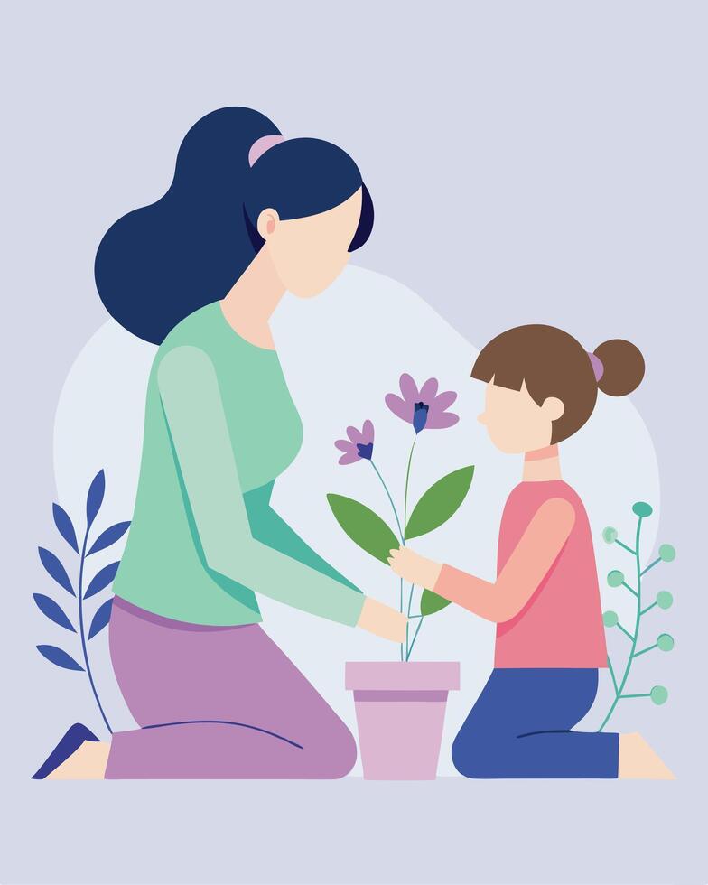 Elegant Mothers Day Illustration of Mother and Daughter Arranging a Simple Floral Design Together vector