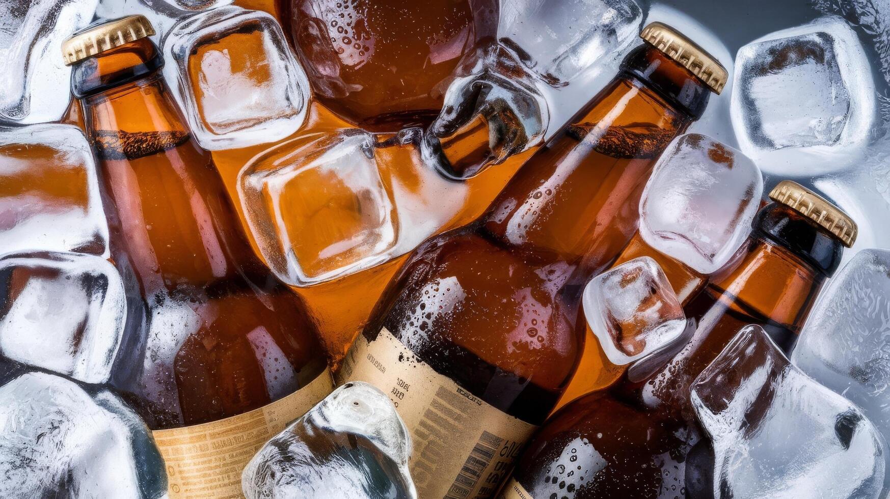Beer bottles in ice cubes photo