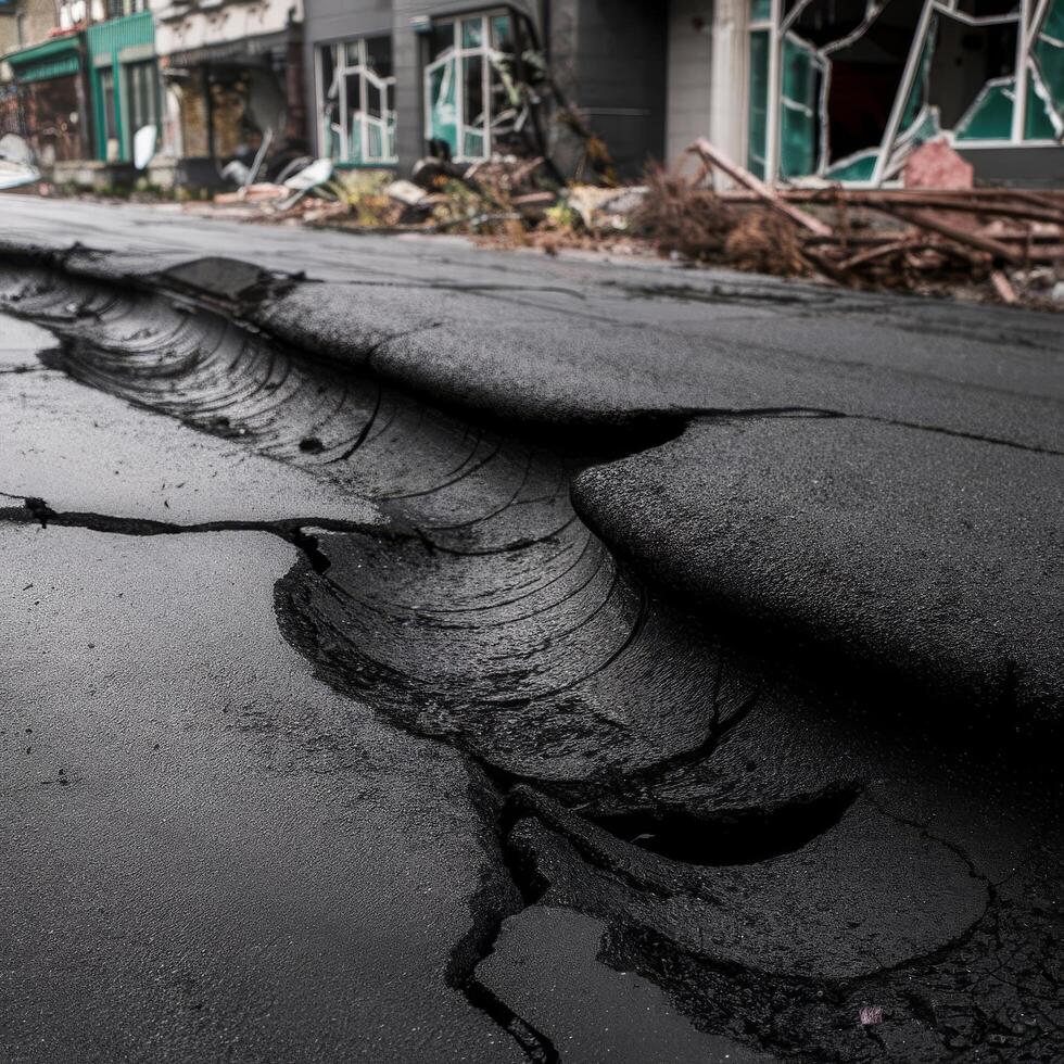 A street with cracks in it and a building in the background photo