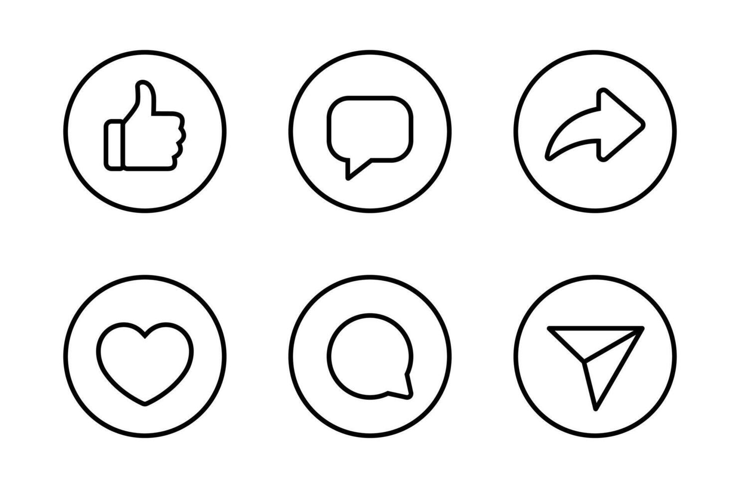 Like, comment, and share outline icon on circle line. Love, speech bubble, and arrow sign symbol vector