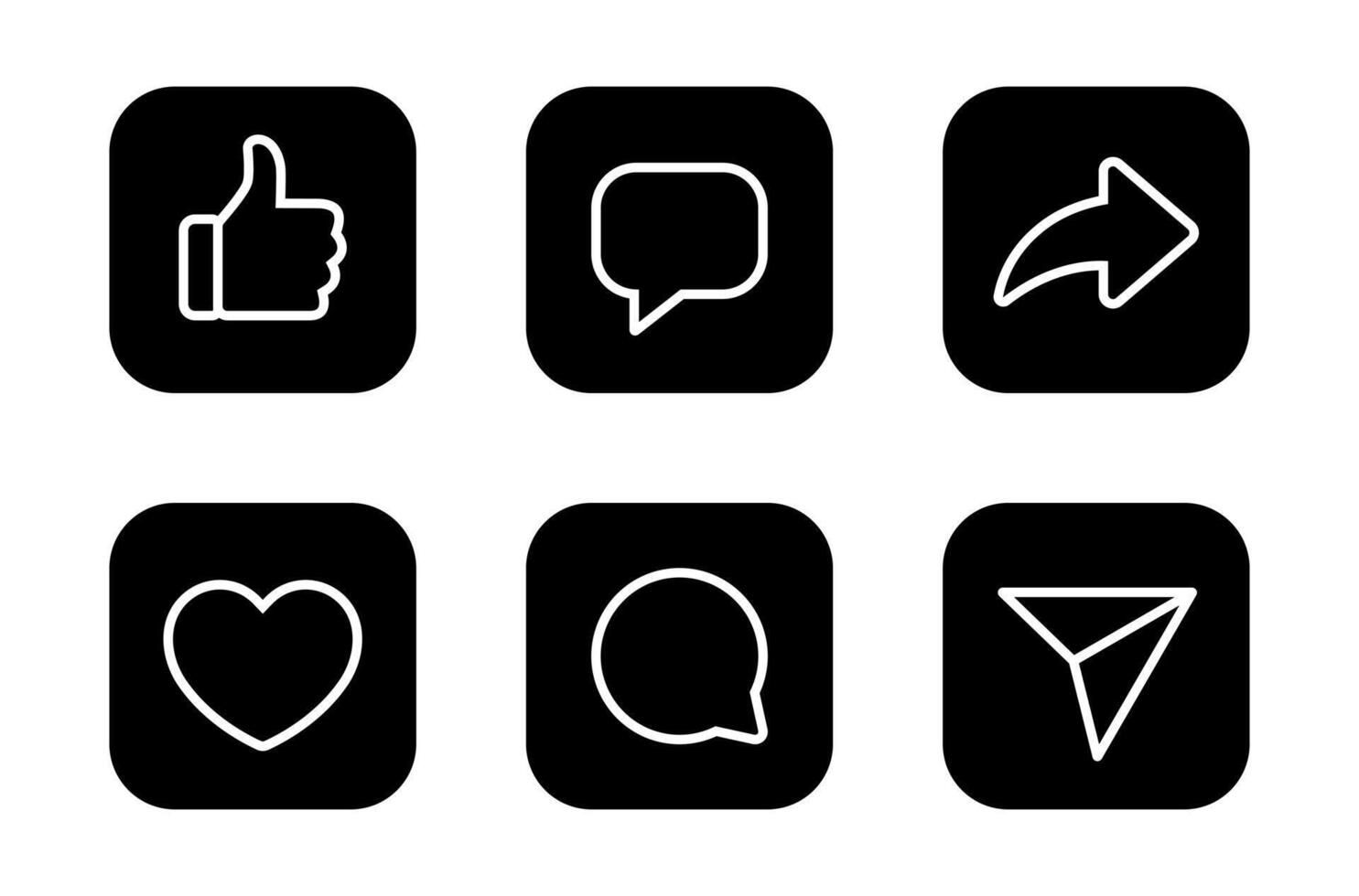 Like, comment, and share icon on black square. Love, speech bubble, and repost arrow outline sign symbol vector