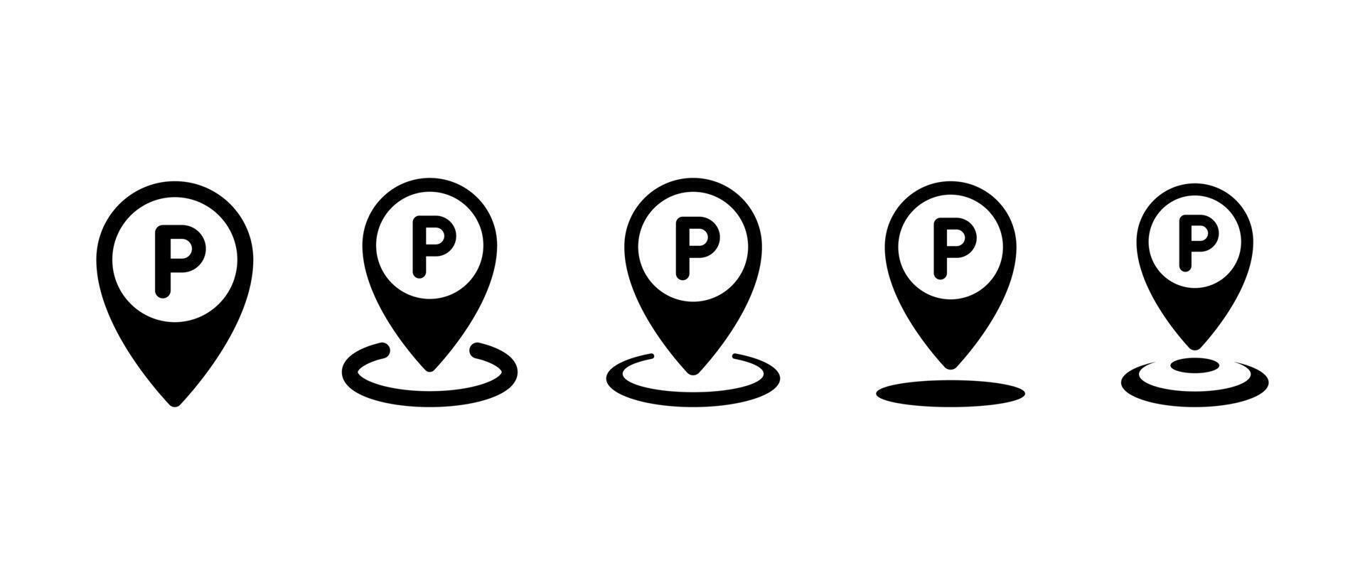 Parking location icon set collection. Place marker with letter P sign symbol vector