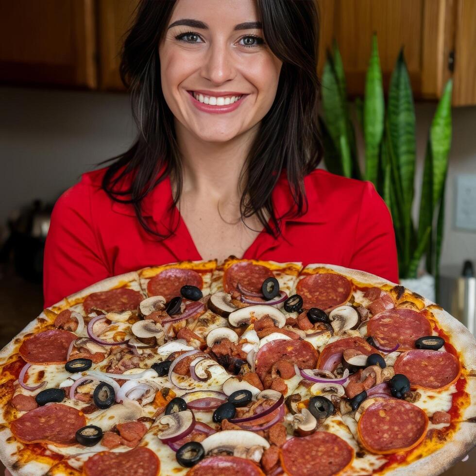 A woman holding a pizza photo
