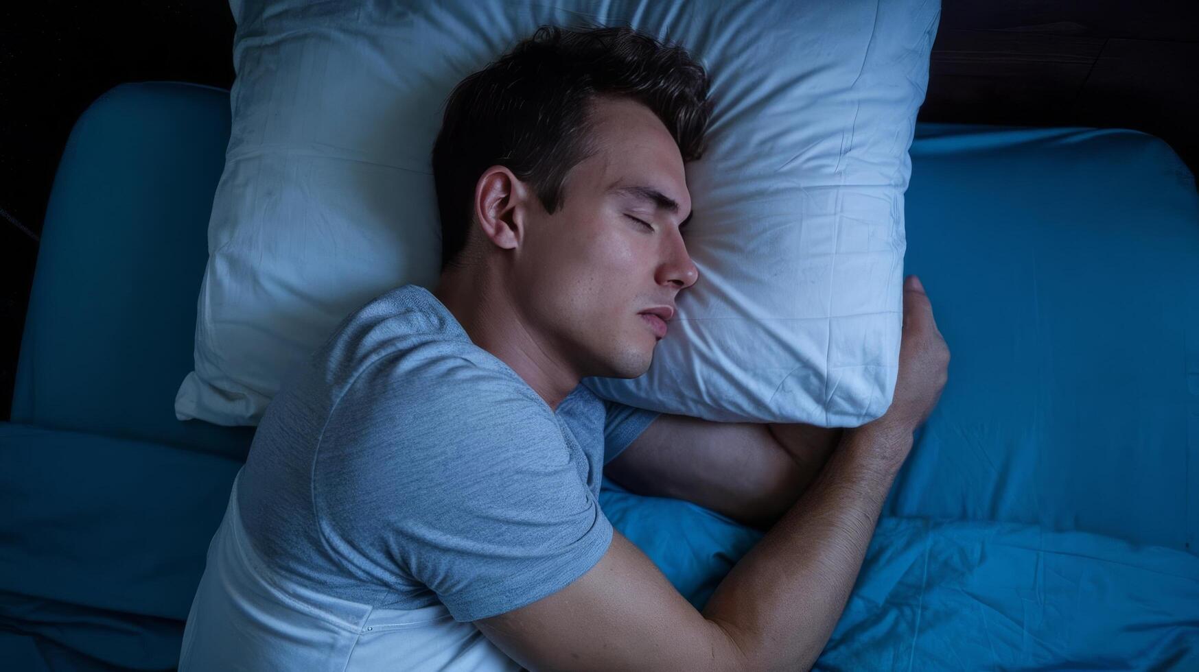 A man sleeping in bed with a pillow photo